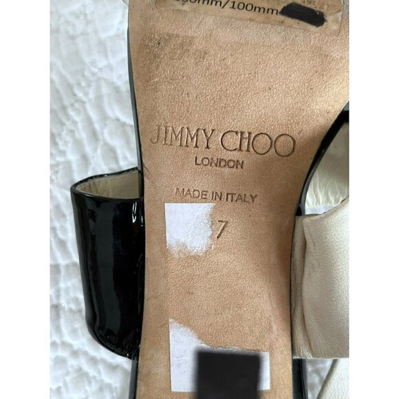 Jimmy Choo Trapeze Pleated Asymmetrical Off White Black Patent Leather Sandals - Picture 8 of 12